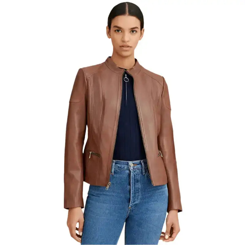 Women’s Brown Leather Biker Jacket – Crew Neck