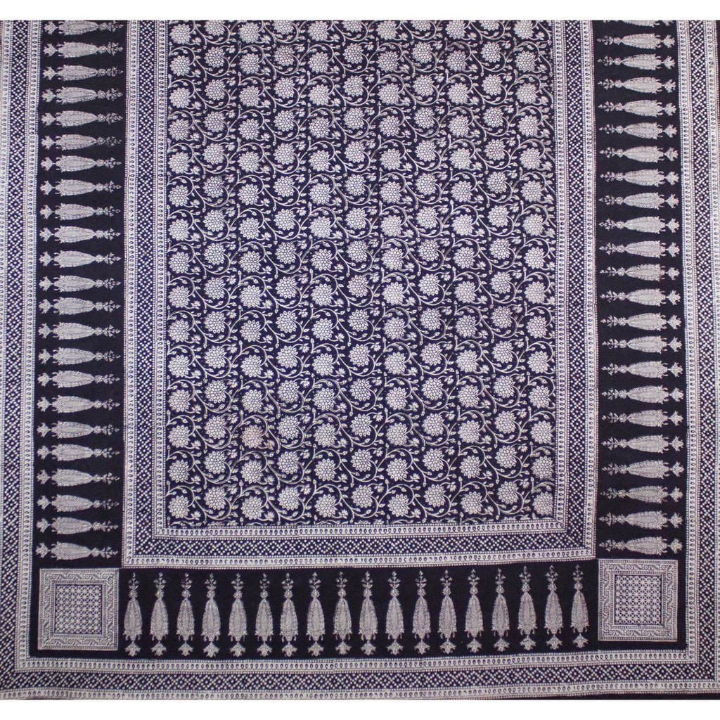 Traditional Floral & Paisley Hand-block Print Area Rug - White Black-4