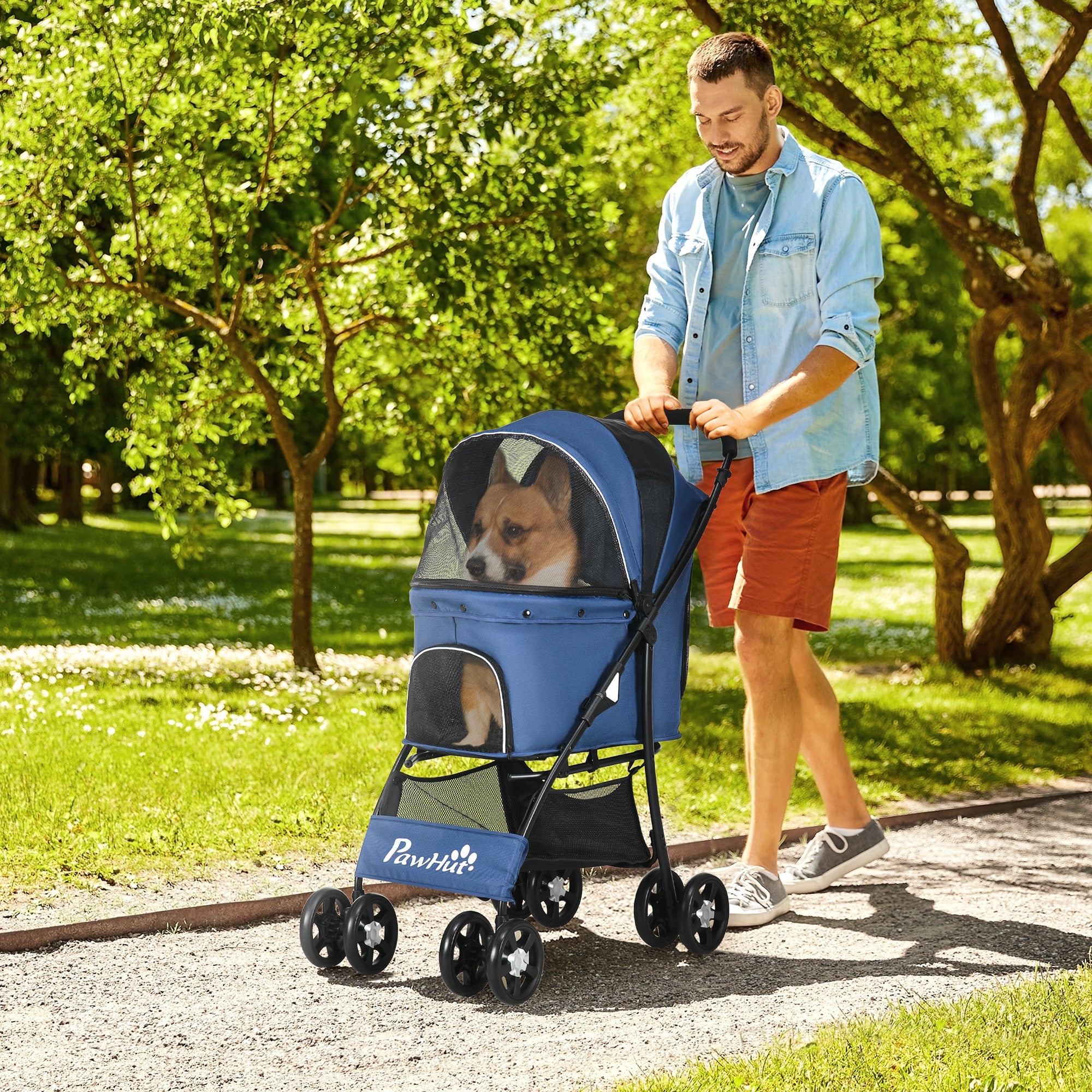 Pet Stroller, Dog Cat Travel Carriage, Foldable Carrying Bag with Large Carriage, Universal Wheels, Brake Canopy, Basket Storage Bag Dark Blue-1