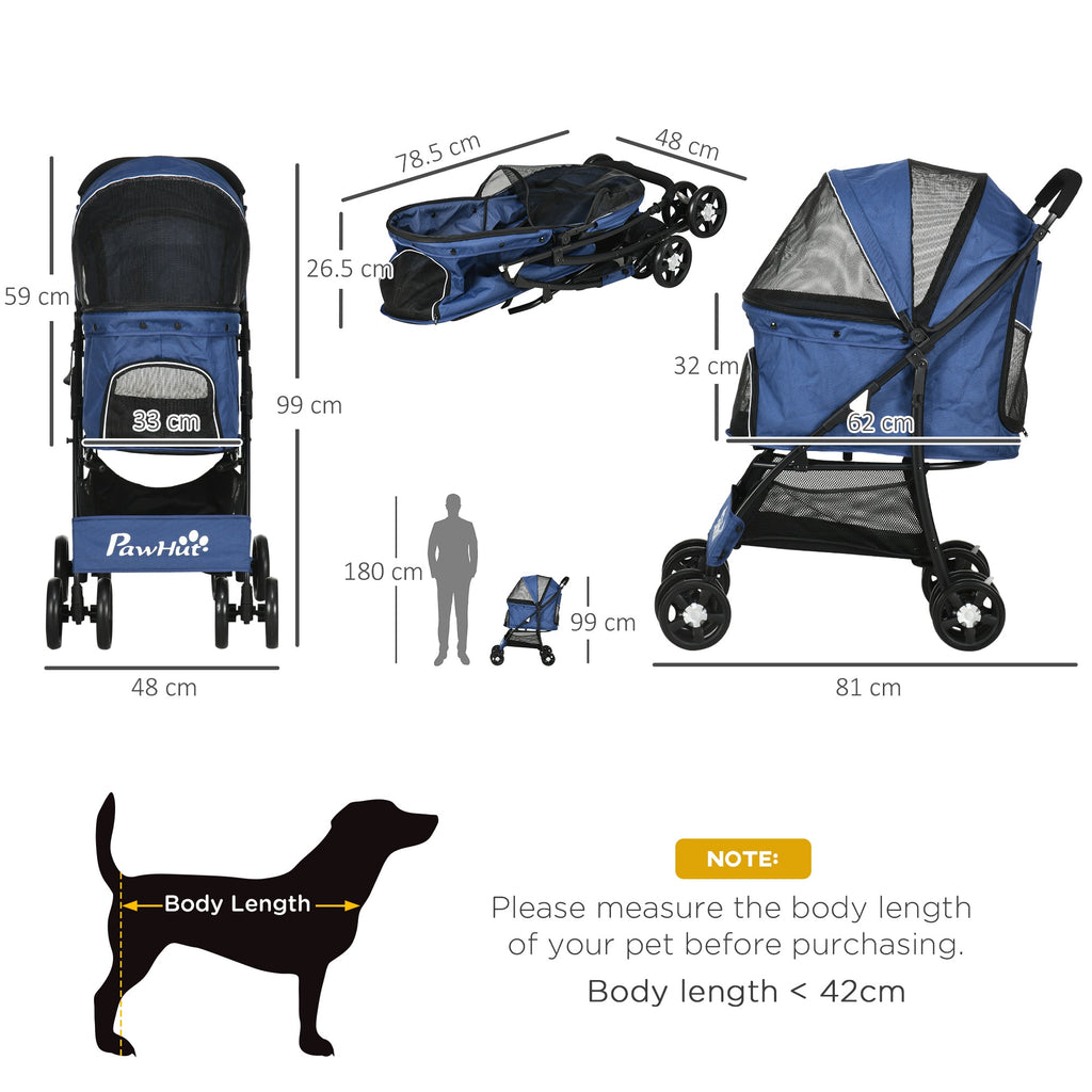 Pet Stroller, Dog Cat Travel Carriage, Foldable Carrying Bag with Large Carriage, Universal Wheels, Brake Canopy, Basket Storage Bag Dark Blue-2