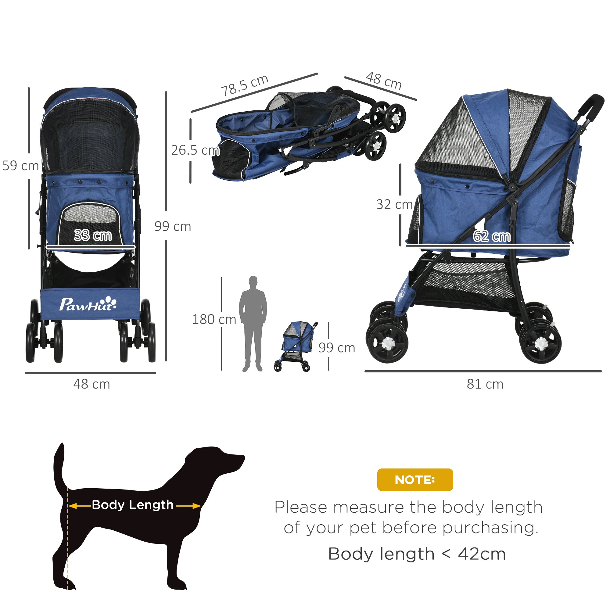 Pet Stroller, Dog Cat Travel Carriage, Foldable Carrying Bag with Large Carriage, Universal Wheels, Brake Canopy, Basket Storage Bag Dark Blue-2