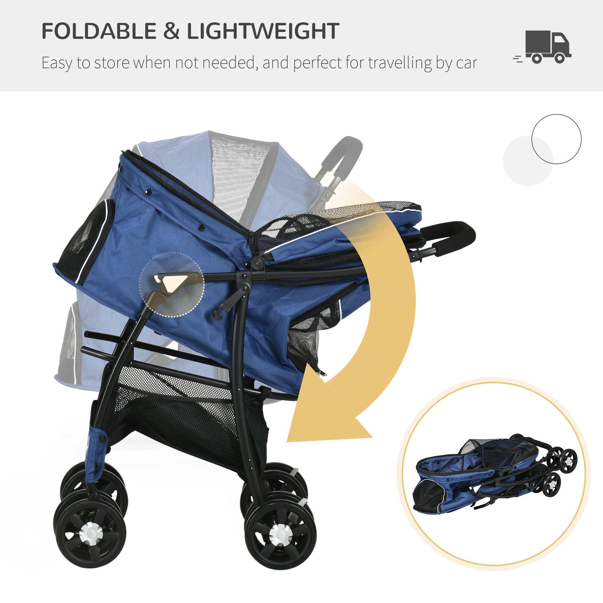Pet Stroller, Dog Cat Travel Carriage, Foldable Carrying Bag with Large Carriage, Universal Wheels, Brake Canopy, Basket Storage Bag Dark Blue-4