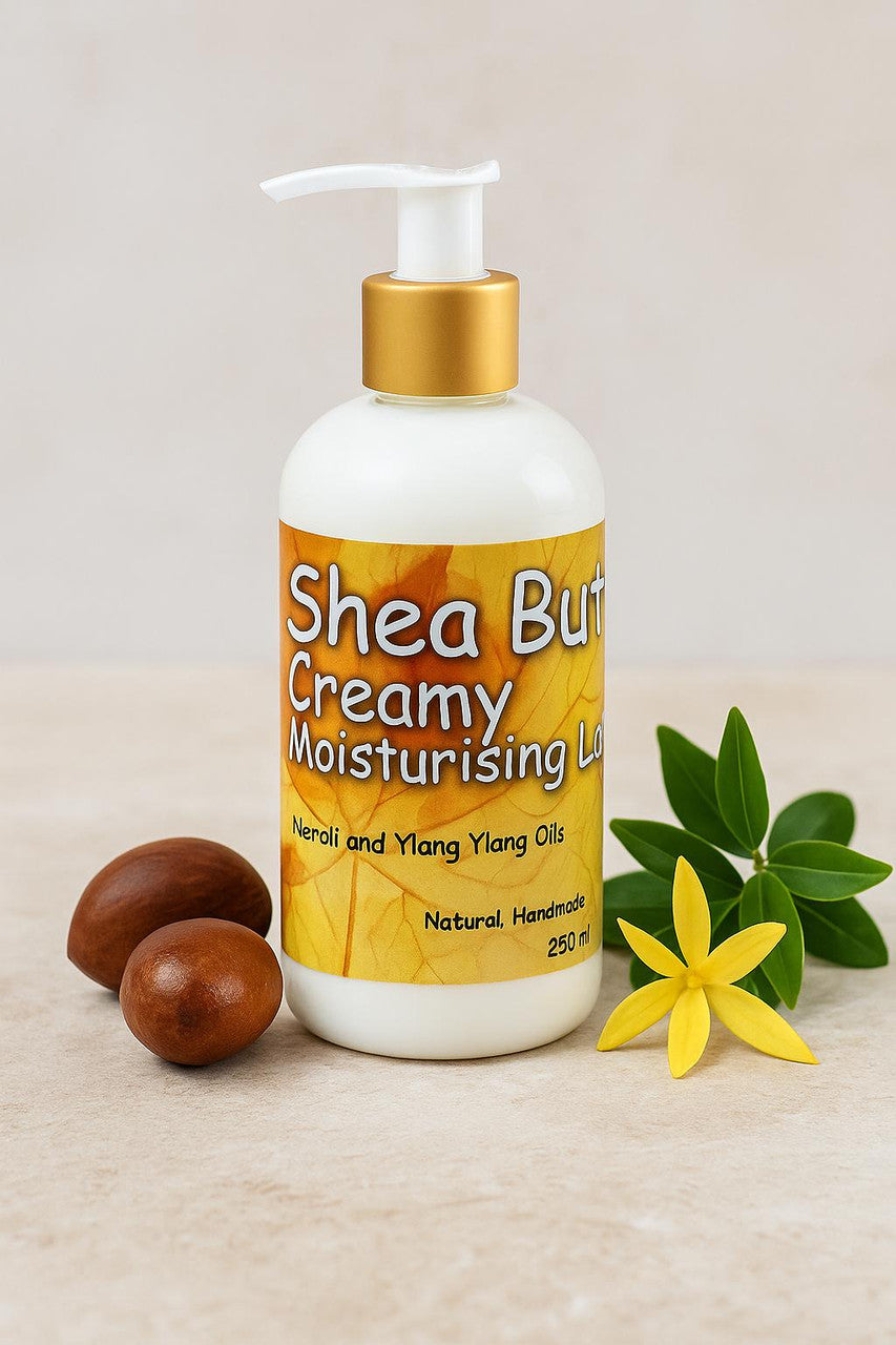 Shea Butter Creamy Lotion for Body (250ml) with Neroli and Ylang Ylang Essential Oils. Great Moisturising Lotion for Stretchmarks and Dry Skin-0