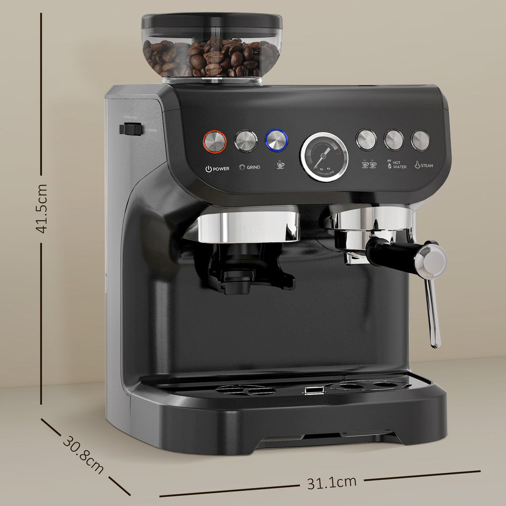 Automatic 15 Bar Coffee Machine with Adjustable Grind and Steamer - Black