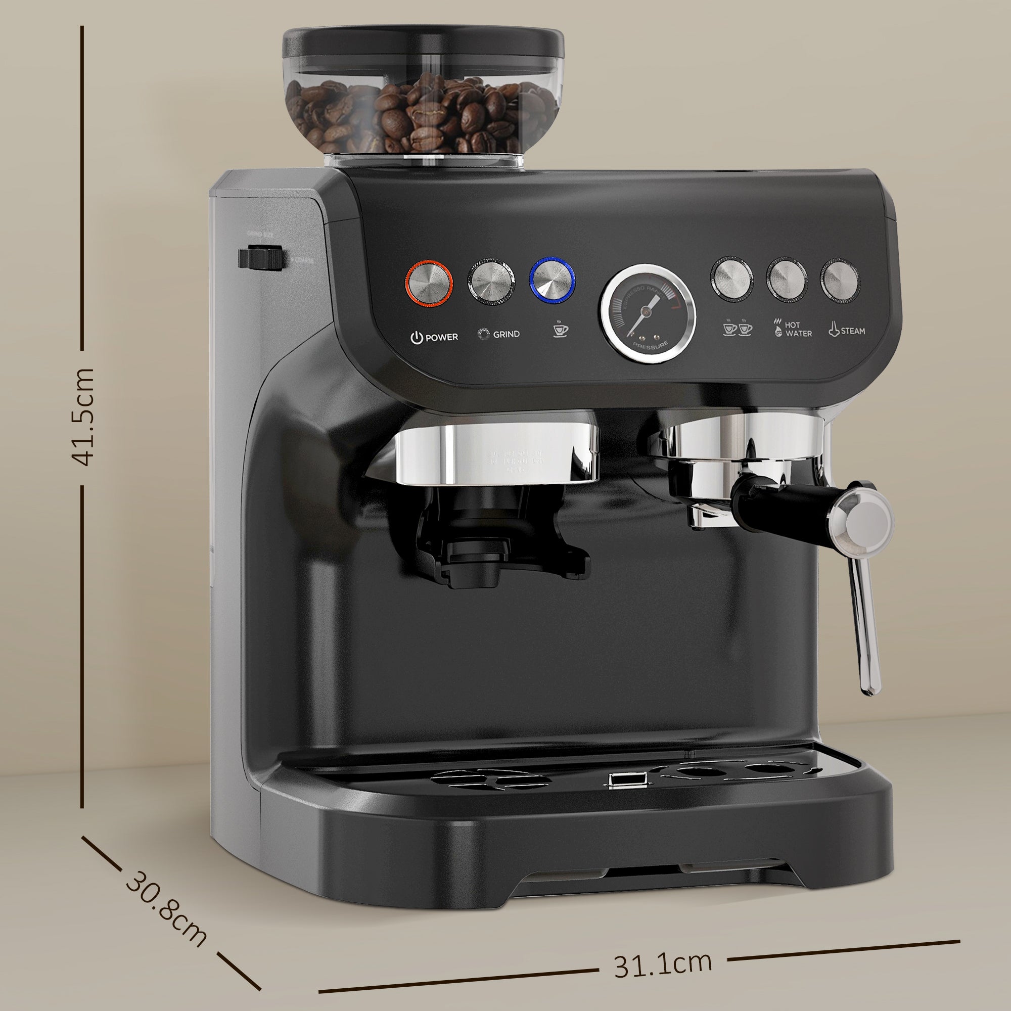 Automatic 15 Bar Coffee Machine with Adjustable Grind and Steamer - Black