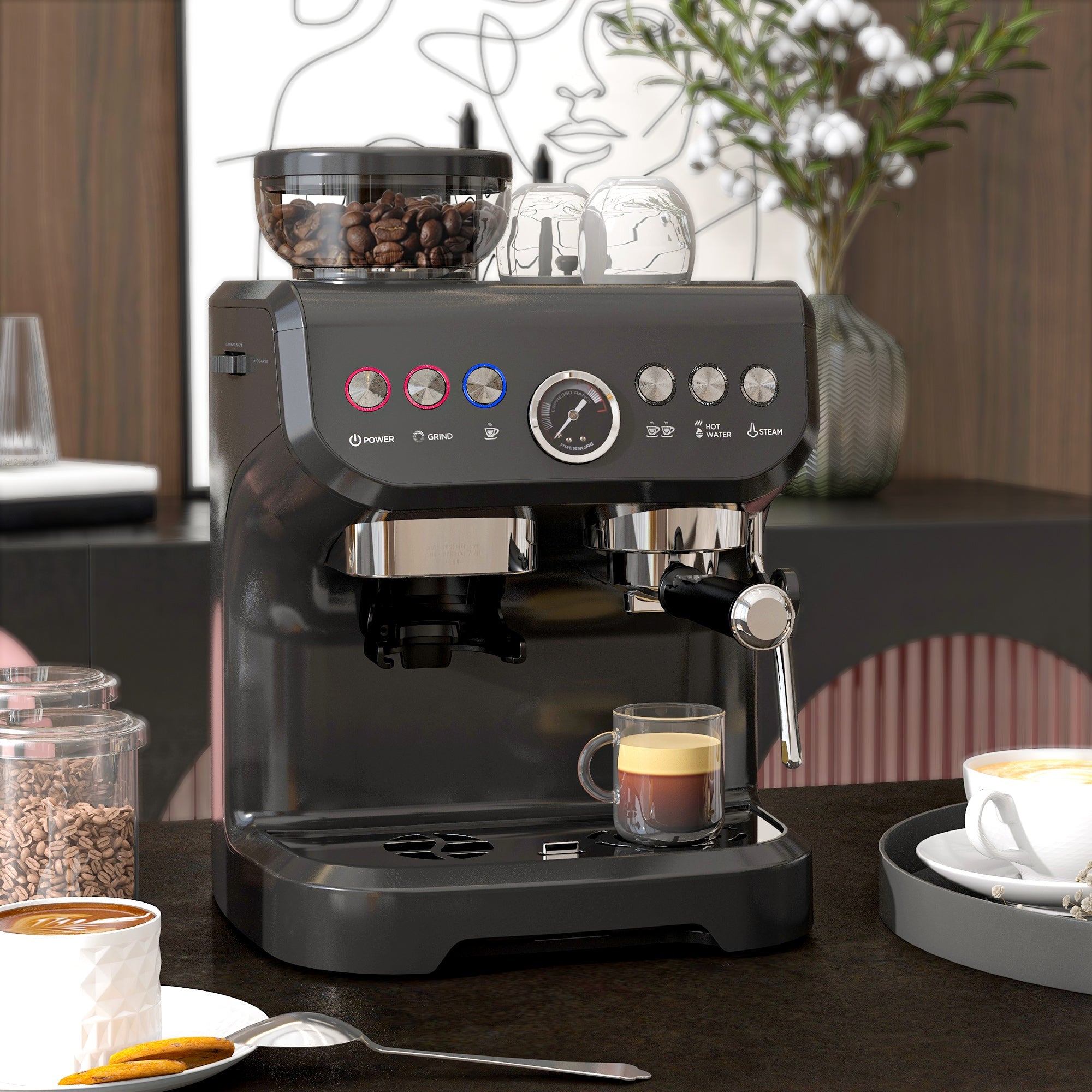 Automatic 15 Bar Coffee Machine with Adjustable Grind and Steamer - Black