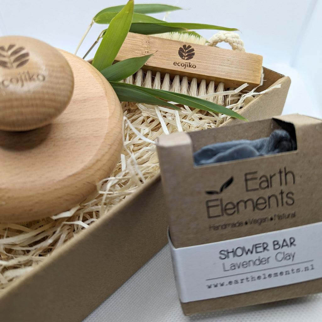 Natural Wooden Bathroom Eco Friendly Gift Box | Vegan Soap, Bamboo Nail Brush & Sustainable Body Brush with Plant Based Bristles