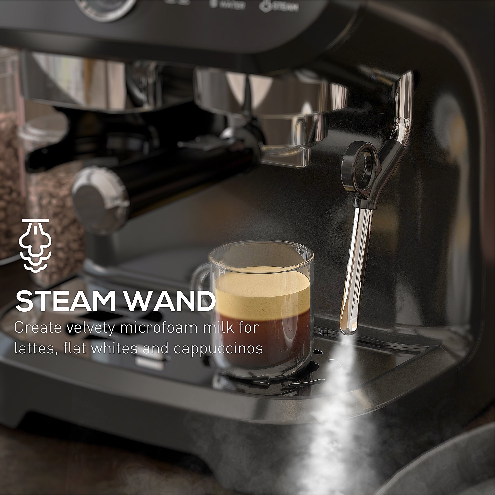 Automatic 15 Bar Coffee Machine with Adjustable Grind and Steamer - Black