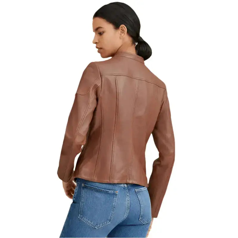 Women’s Brown Leather Biker Jacket – Crew Neck