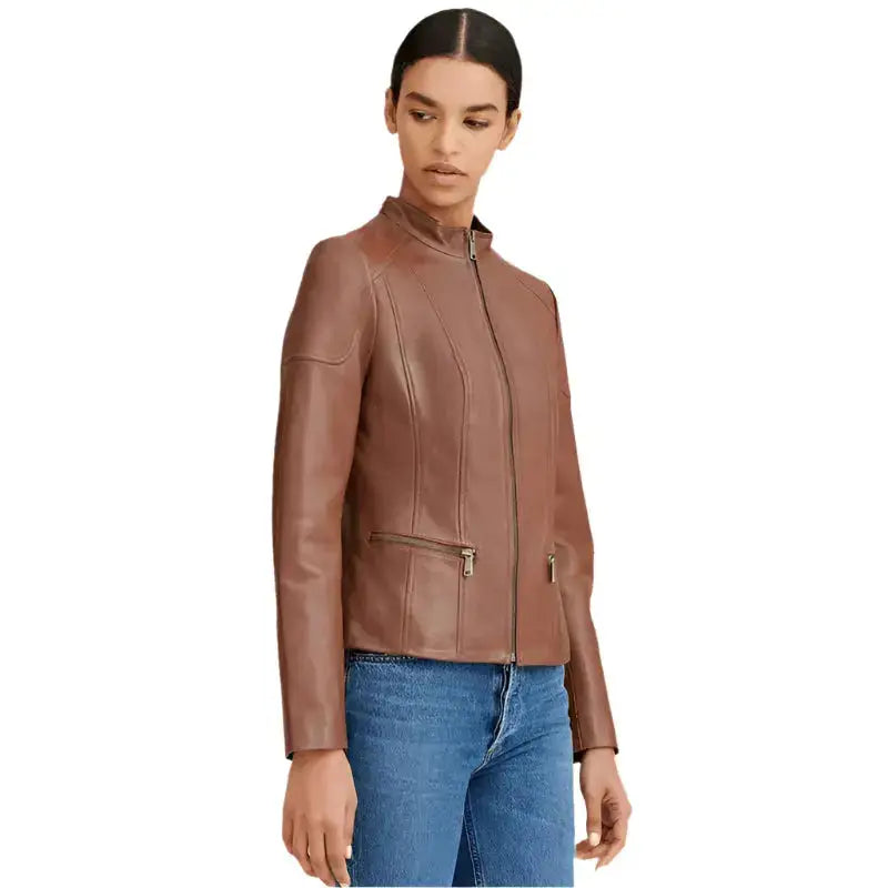 Women’s Brown Leather Biker Jacket – Crew Neck
